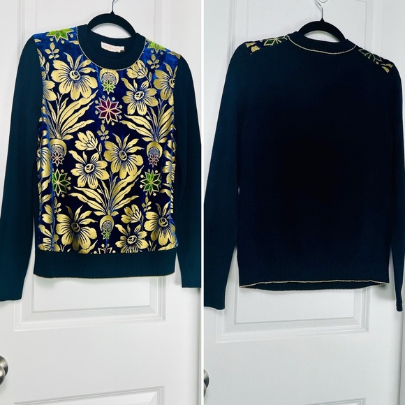 Tory Burch Hollis Cosmic Floral Velvet Foiled Gold Metallic Sweater Navy Blue S - Picture 3 of 12